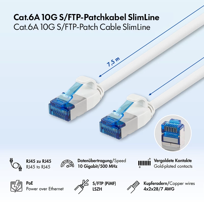 LogiLink Cabo de rede SlimLine Cat.6A S/FTP LSZH, branco, 7,5 m