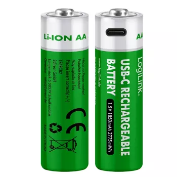 LogiLink LR6RCB2 Pilhas AA de lítio recarregáveis USB-C, pack de 2, tensão de saída constante de 1,5 V, 2600 mWh