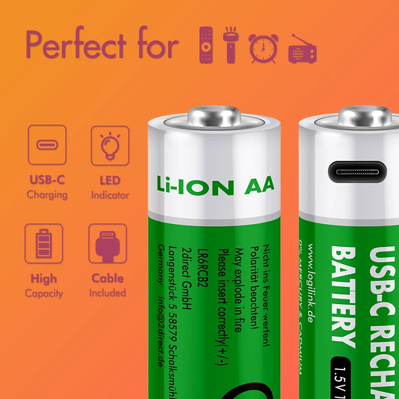 LogiLink LR6RCB2 Pilhas AA de lítio recarregáveis USB-C, pack de 2, tensão de saída constante de 1,5 V, 2600 mWh