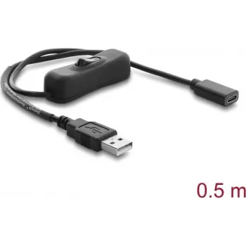 Delock Cabo de alimentação USB Type-A macho para conector fêmea USB Type-C com interruptor 0,5 m