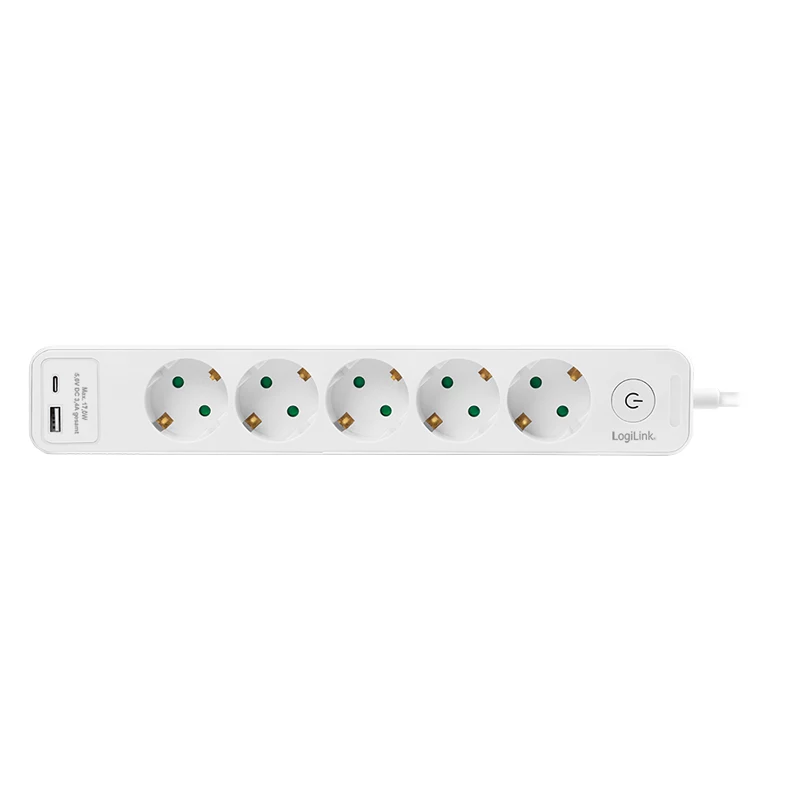 Régua de tomadas LogiLink LPS280U, 5 tomadas AC, 2 portas USB (USB-A e USB-C), 17W, branco