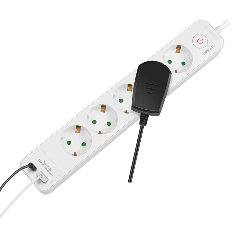 Régua de tomadas LogiLink LPS280U, 5 tomadas AC, 2 portas USB (USB-A e USB-C), 17W, branco