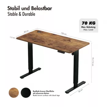Secretária elétrica LogiLink EO0057 com regulação de altura, 120x60 cm, motor único, tampo castanho, capacidade 70 kg