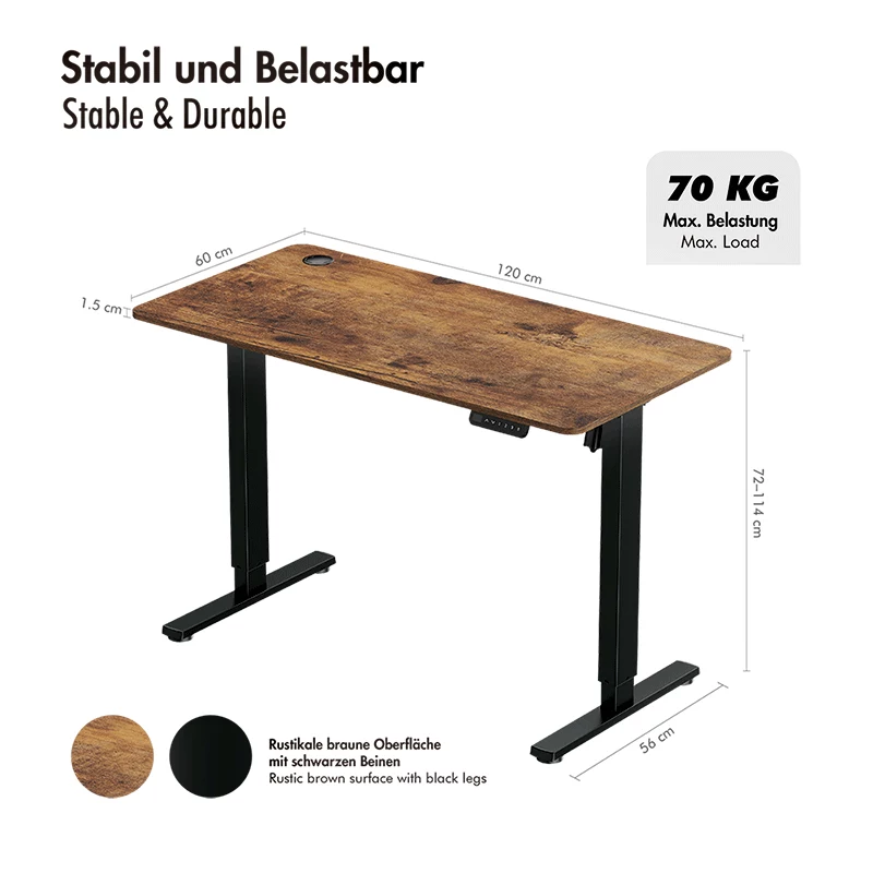 Secretária elétrica LogiLink EO0057 com regulação de altura, 120x60 cm, motor único, tampo castanho, capacidade 70 kg