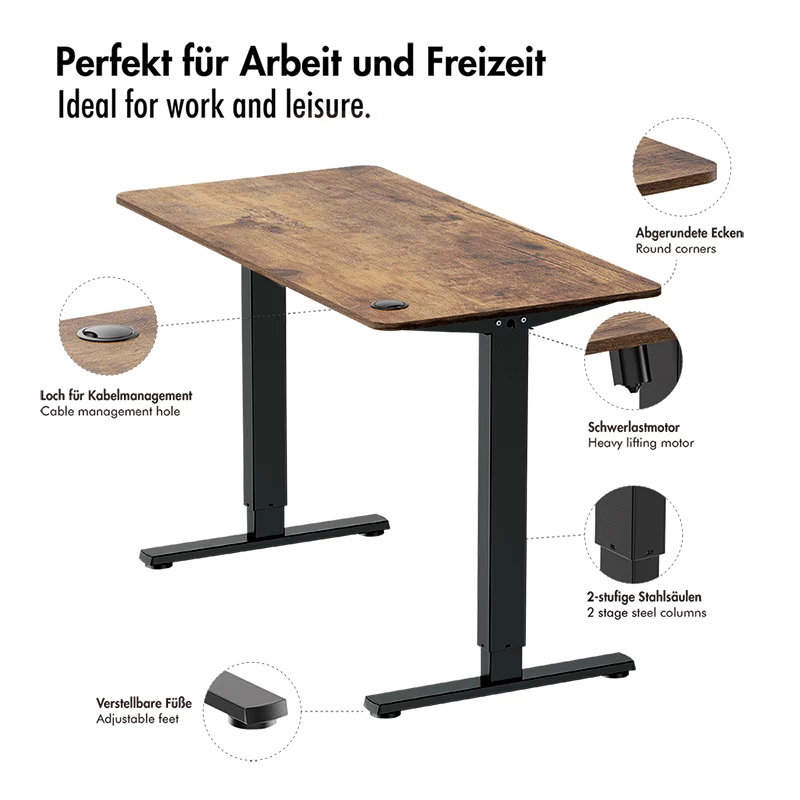 Secretária elétrica LogiLink EO0057 com regulação de altura, 120x60 cm, motor único, tampo castanho, capacidade 70 kg