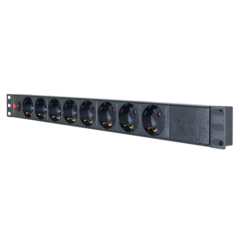 LogiLink PDU8C06 PDU 19 polegadas 1U 8 tomadas Schuko com proteção contra sobretensão, 2x USB-C, proteção contra sobrecarga, cabo de 2m, preto/prateado