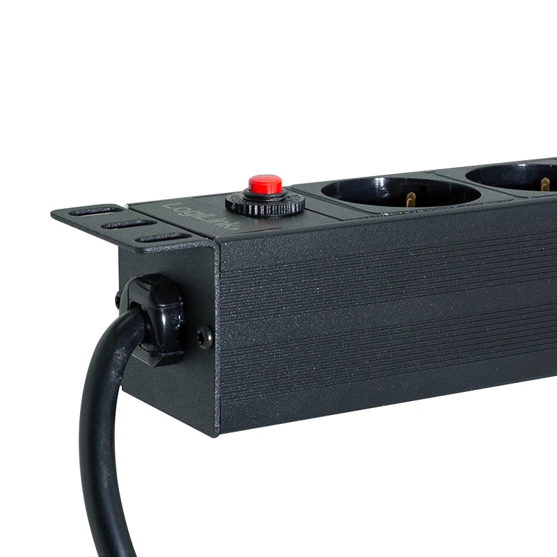 LogiLink PDU8C06 PDU 19 polegadas 1U 8 tomadas Schuko com proteção contra sobretensão, 2x USB-C, proteção contra sobrecarga, cabo de 2m, preto/prateado