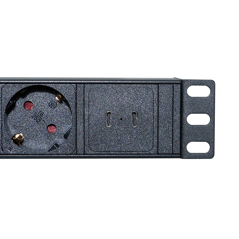LogiLink PDU8C06 PDU 19 polegadas 1U 8 tomadas Schuko com proteção contra sobretensão, 2x USB-C, proteção contra sobrecarga, cabo de 2m, preto/prateado