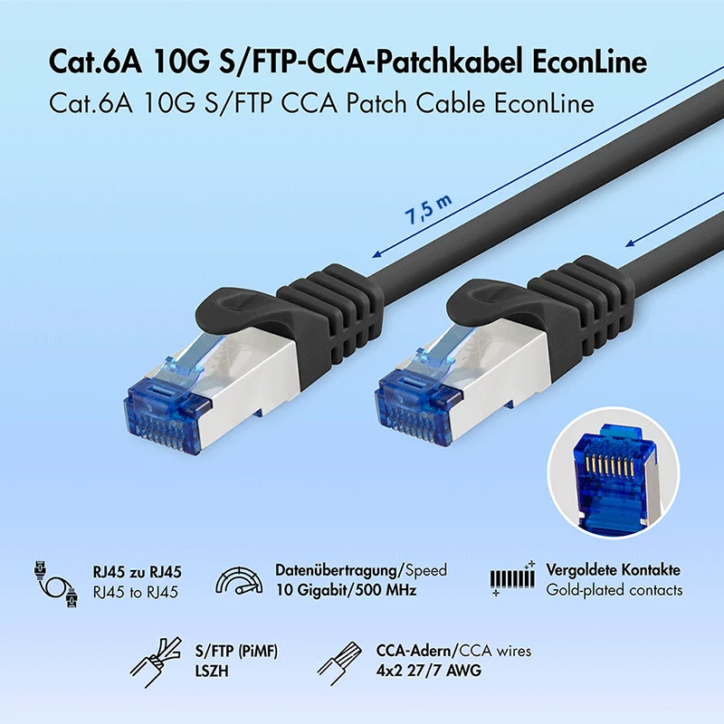 LogiLink EconLine cabo de rede Cat.6A S/FTP LSZH, 7,5 m, preto, CCA