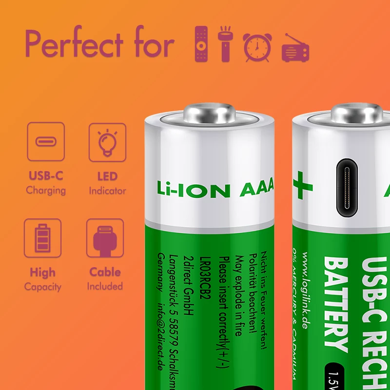 LogiLink LR03RCB2 pilhas AAA Li-Ion recarregáveis por USB-C, 1,5V, pack de 2