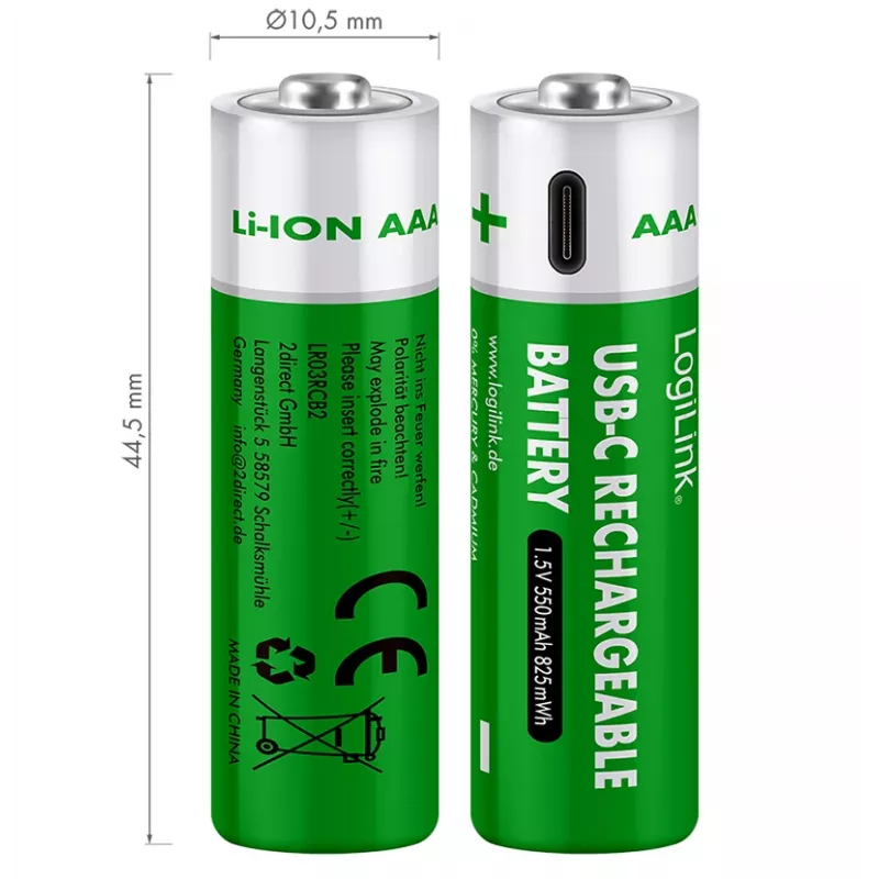 LogiLink LR03RCB2 pilhas AAA Li-Ion recarregáveis por USB-C, 1,5V, pack de 2