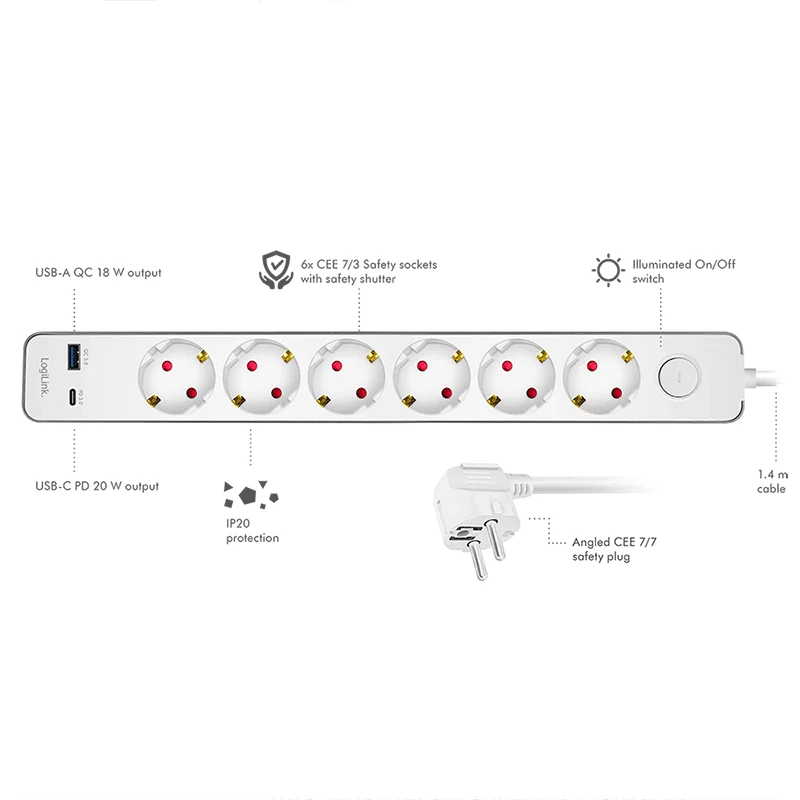 LogiLink régua de tomadas com 6 tomadas de segurança, USB-A e USB-C PD 20W, interruptor basculante, 1,5 m, branco
