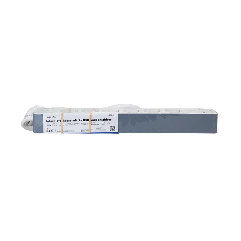 LogiLink régua de tomadas com 6 tomadas de segurança, USB-A e USB-C PD 20W, interruptor basculante, 1,5 m, branco