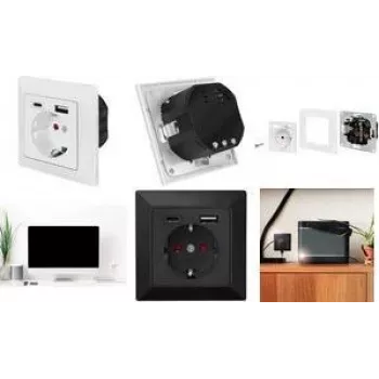 Tomada de parede LogiLink PA0262B com 1 tomada Schuko, 1 carregador USB-A e 1 USB-C, preto