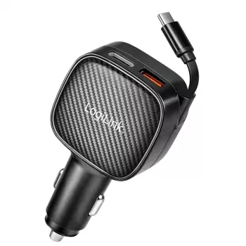 Carregador de automóvel USB LogiLink, 3 portas incl. cabo USB-C retrátil, 60W, PD, QC, preto
