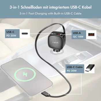 Carregador de automóvel USB LogiLink, 3 portas incl. cabo USB-C retrátil, 60W, PD, QC, preto