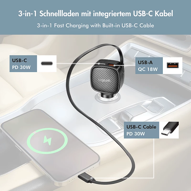 Carregador de automóvel USB LogiLink, 3 portas incl. cabo USB-C retrátil, 60W, PD, QC, preto