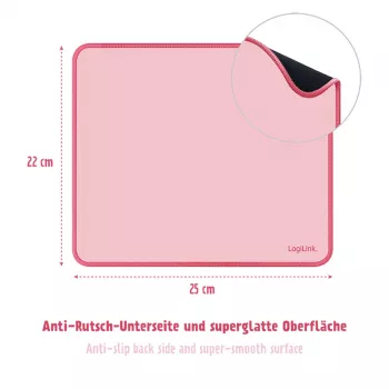 Tapete de rato LogiLink 220 x 250 mm rosa - superfície têxtil, base de borracha antiderrapante