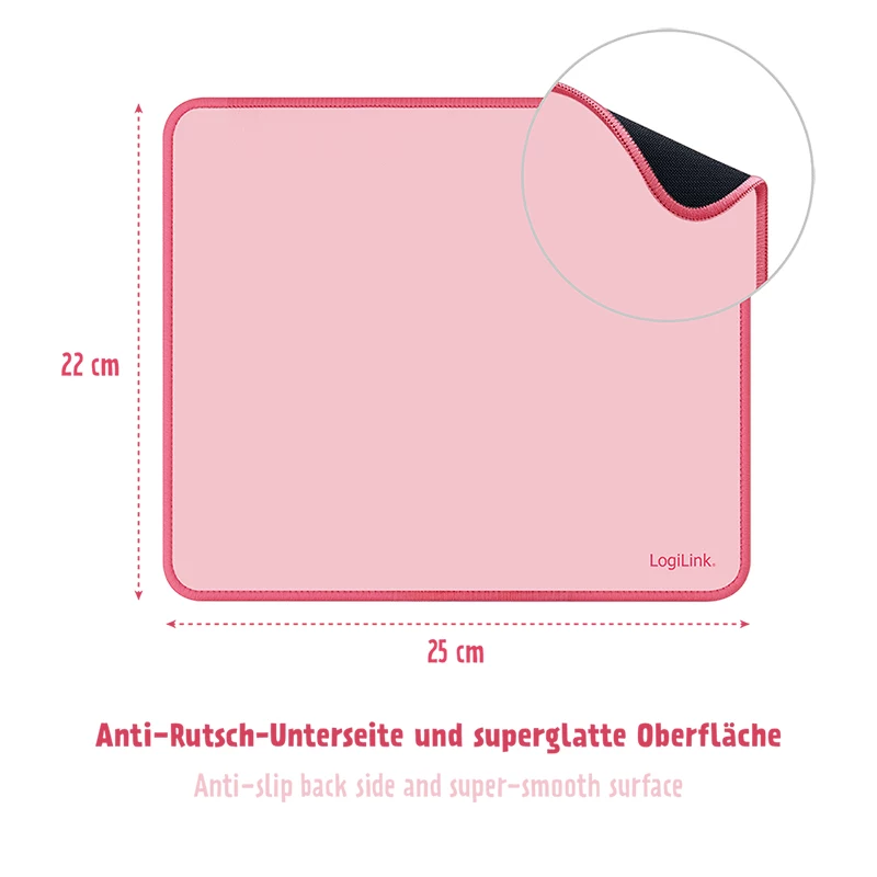Tapete de rato LogiLink 220 x 250 mm rosa - superfície têxtil, base de borracha antiderrapante