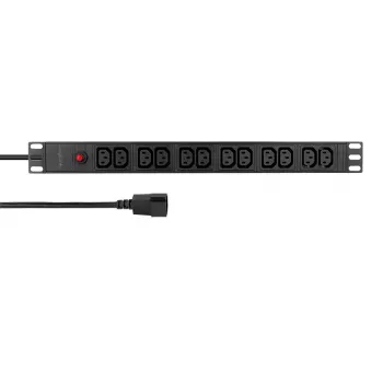 PDU de rack LogiLink 19 polegadas 1U com 12 tomadas IEC C13, 10A, com proteção contra sobrecarga