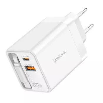 Carregador USB-A/C LogiLink 65 W GaN 3 portas branco com cabo USB-C