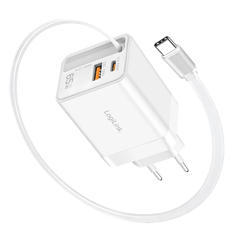 Carregador USB-A/C LogiLink 65 W GaN 3 portas branco com cabo USB-C