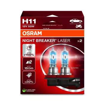 Lâmpada halogénea OSRAM NIGHT BREAKER LASER H11 pack duplo 12V 55W PGJ19-2, até 150% mais brilhante, feixe de luz 150m mais longo, 3900K