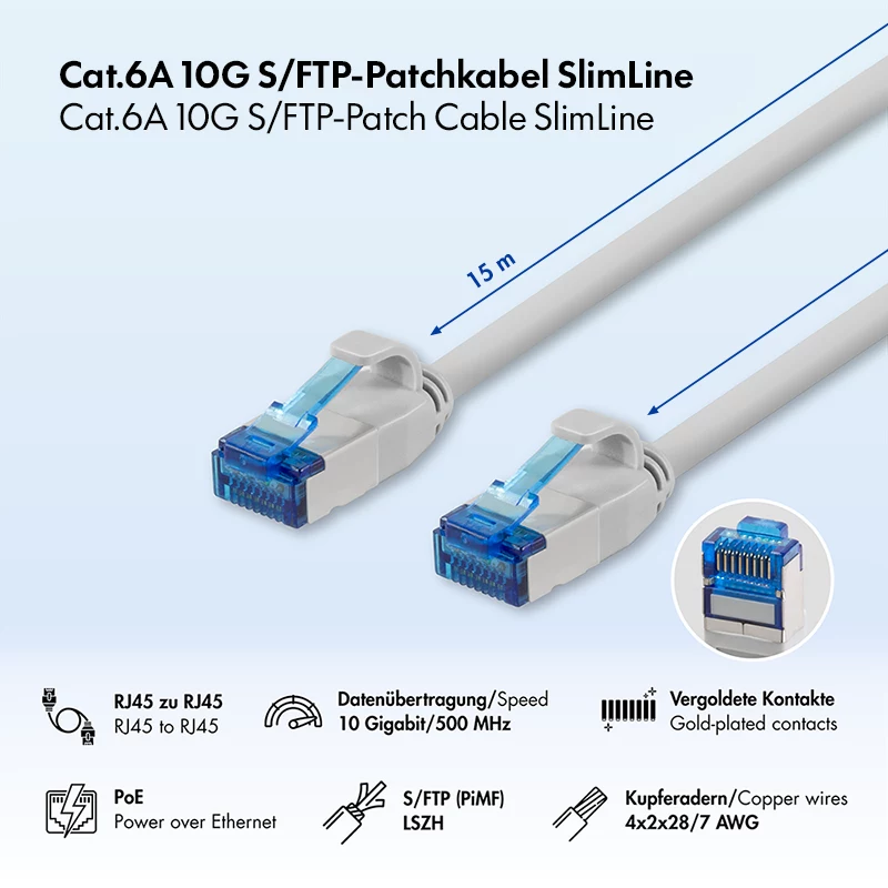 Cabo patch slim LogiLink Cat.6A S/FTP LSZH, cinzento, 15 m, SlimLine