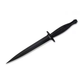 HT INSTRUMENTS H&T Commando Faca de Punhal 02HY002 - Lâmina Fixa de Aço Inoxidável 420, Revestimento Preto, Bainha de Couro