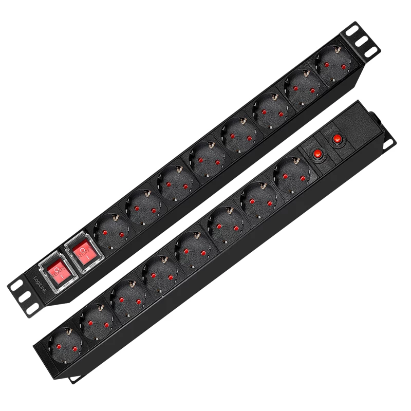 LogiLink PDU1601 Unidade de Distribuição de Energia para Rack 19 polegadas 1U, 16 Tomadas Schuko, Proteção contra Sobretensão, 16A, Cabo de 2m, Preto