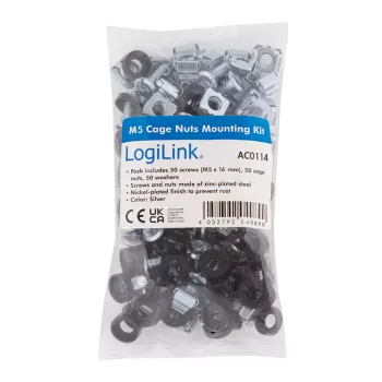 LogiLink Conjunto de Montagem em Rack 19 polegadas M5, Conjunto de 50 Peças com Parafusos, Porcas Gaiola e Anilhas, Aço Zincado