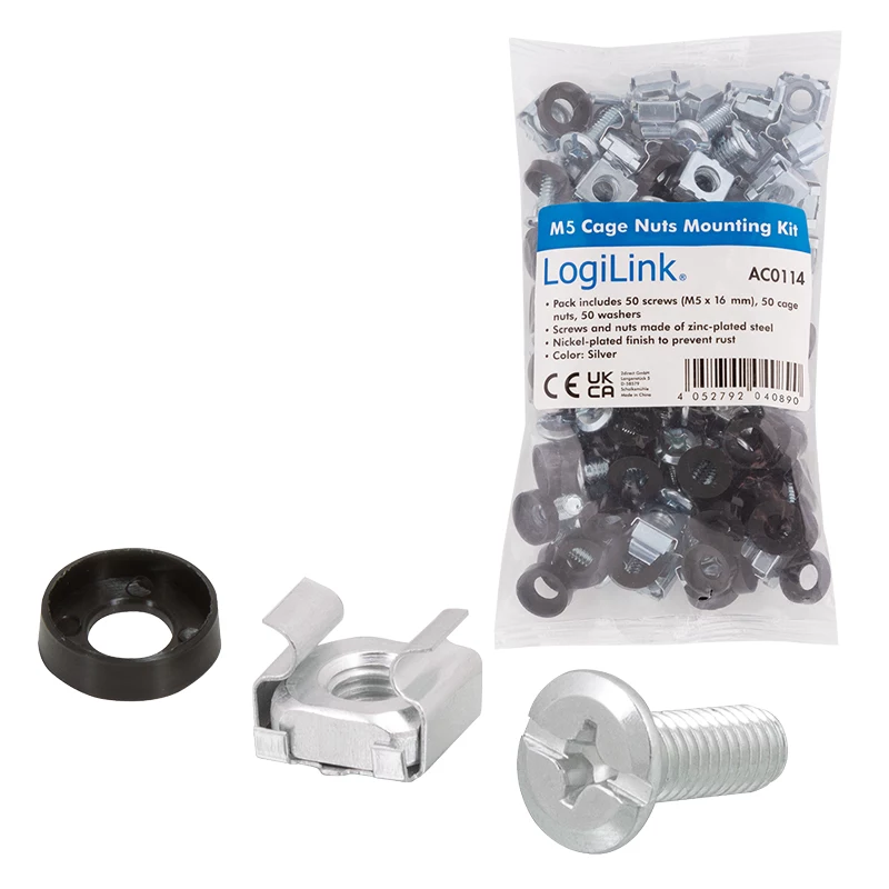 LogiLink Conjunto de Montagem em Rack 19 polegadas M5, Conjunto de 50 Peças com Parafusos, Porcas Gaiola e Anilhas, Aço Zincado