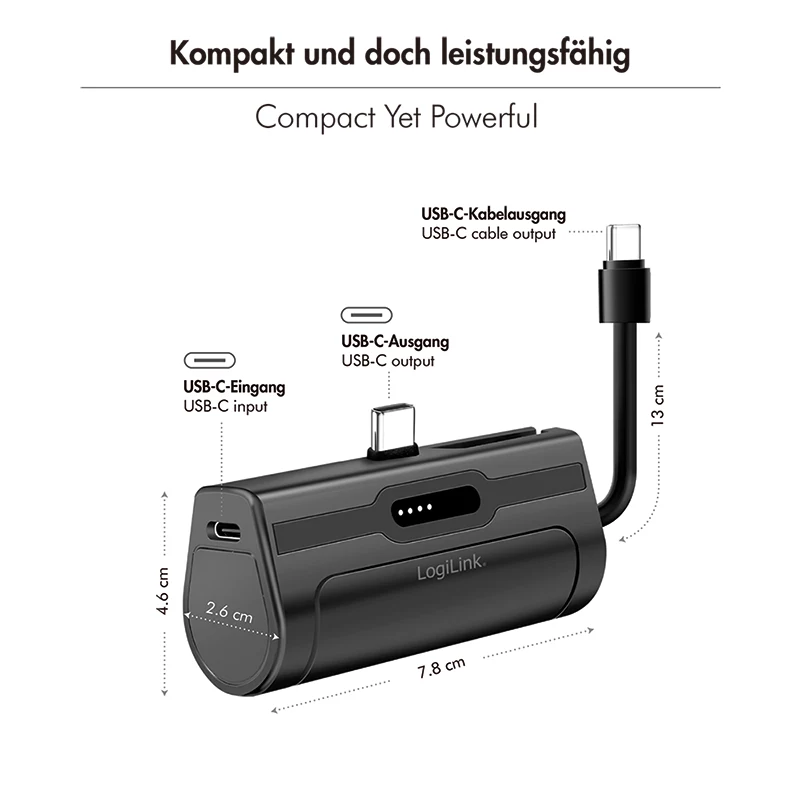 LogiLink Power Bank Portátil, LiPo, 4500 mAh, Ficha USB-C Integrada, preto
