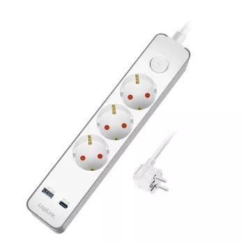 LogiLink LPS287U Régua de Tomadas com 3 Tomadas de Segurança, USB-A & USB-C PD 20W, Interruptor Basculante, Cabo de 1,5m, Branca