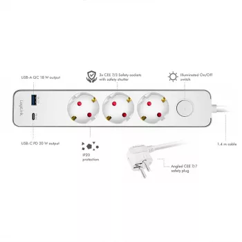 LogiLink LPS287U Régua de Tomadas com 3 Tomadas de Segurança, USB-A & USB-C PD 20W, Interruptor Basculante, Cabo de 1,5m, Branca