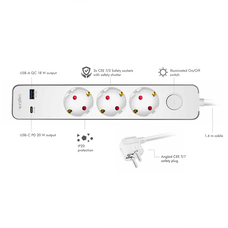 LogiLink LPS287U Régua de Tomadas com 3 Tomadas de Segurança, USB-A & USB-C PD 20W, Interruptor Basculante, Cabo de 1,5m, Branca