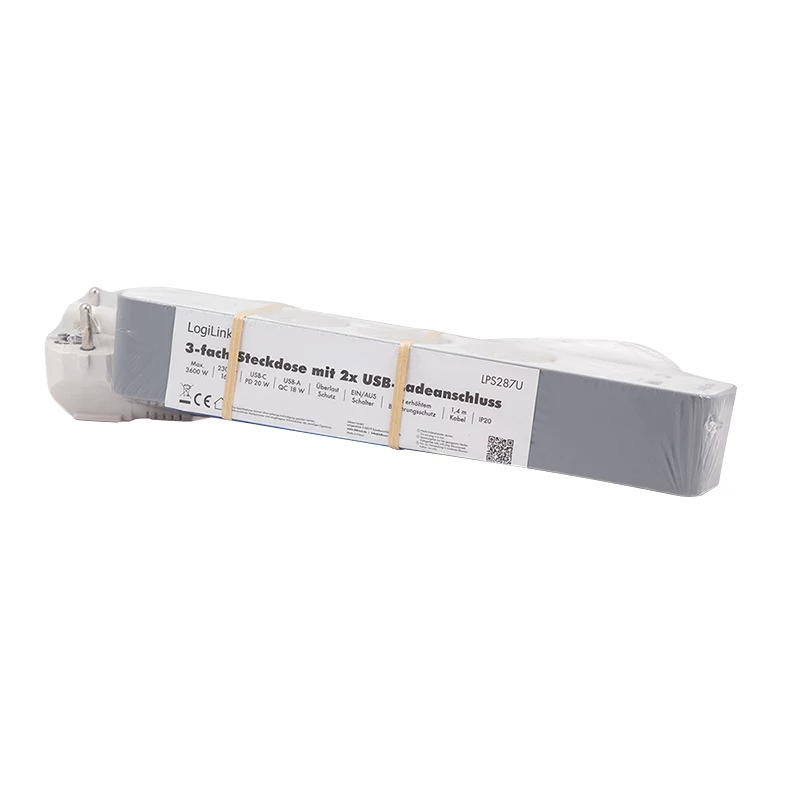 LogiLink LPS287U Régua de Tomadas com 3 Tomadas de Segurança, USB-A & USB-C PD 20W, Interruptor Basculante, Cabo de 1,5m, Branca