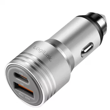 LogiLink Carregador de Automóvel USB, 2 Portas, Carregamento Rápido 20W, Prateado