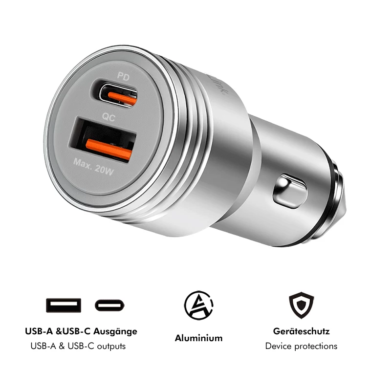 LogiLink Carregador de Automóvel USB, 2 Portas, Carregamento Rápido 20W, Prateado