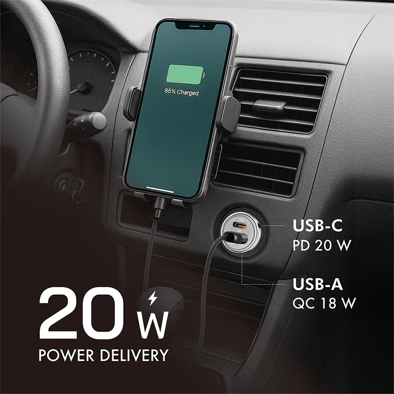 LogiLink Carregador de Automóvel USB, 2 Portas, Carregamento Rápido 20W, Prateado