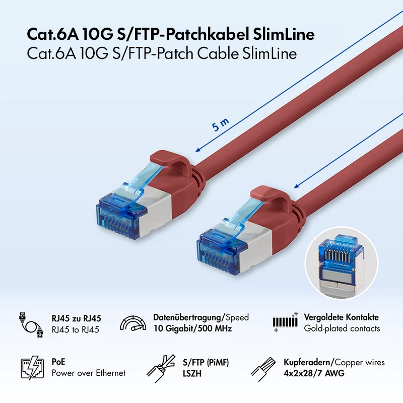 LogiLink Cabo de Rede Cat.6A Slim S/FTP LSZH, Vermelho, 5 m, SlimLine