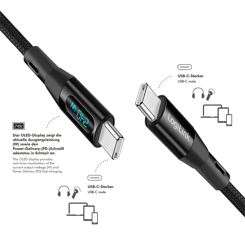 Cabo USB 2.0 Type-C LogiLink com indicador de potência, C/M para C/M, 480 Mbps, 240W PD 3.1, nylon trançado, preto, 1 m