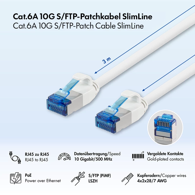 Cabo de patch SlimLine Cat.6A S/FTP LSZH LogiLink, branco, 3 m