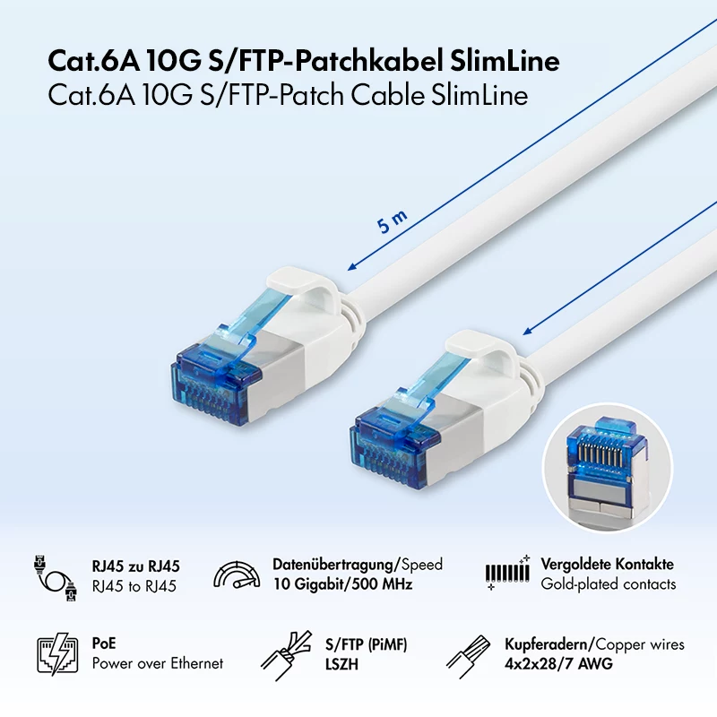 Cabo de patch Cat.6A Slim S/FTP LSZH LogiLink, branco, 5 m, SlimLine