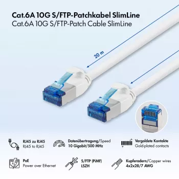 Cabo de patch Cat.6A Slim S/FTP LSZH LogiLink, branco, 20 m