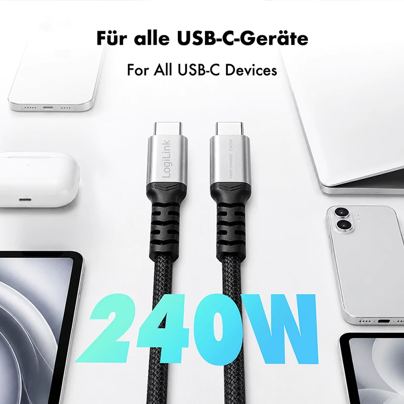 Cabo USB 2.0 Type-C LogiLink, C/M para C/M, 480 Mbps, 240W, nylon, metal, preto/prateado, 0,5 m