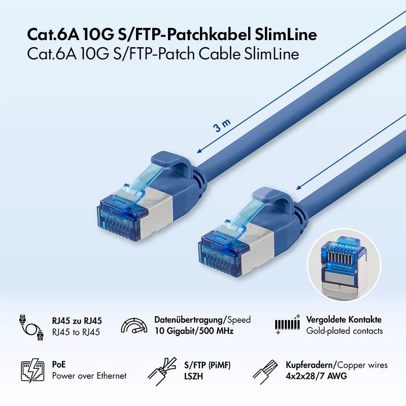 Cabo de patch LogiLink SlimLine Cat.6A S/FTP LSZH, azul, 3 m