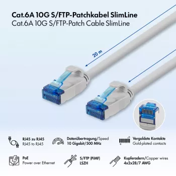 Cabo de patch Ethernet LogiLink Cat.6A S/FTP LSZH Slim, cinzento, 20 m