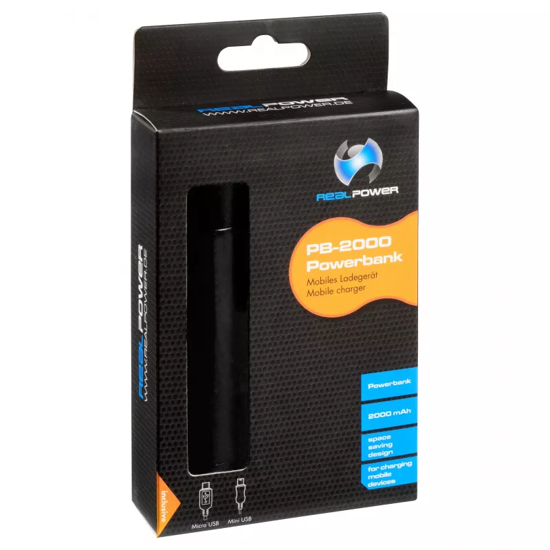 Power bank RealPower PB2000 mAh em alumínio, preto