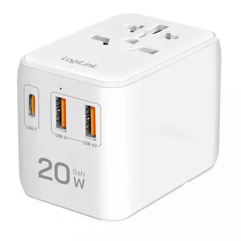 Carregador de viagem LogiLink PA0356 USB-A/C 20W GaN 3 portas branco